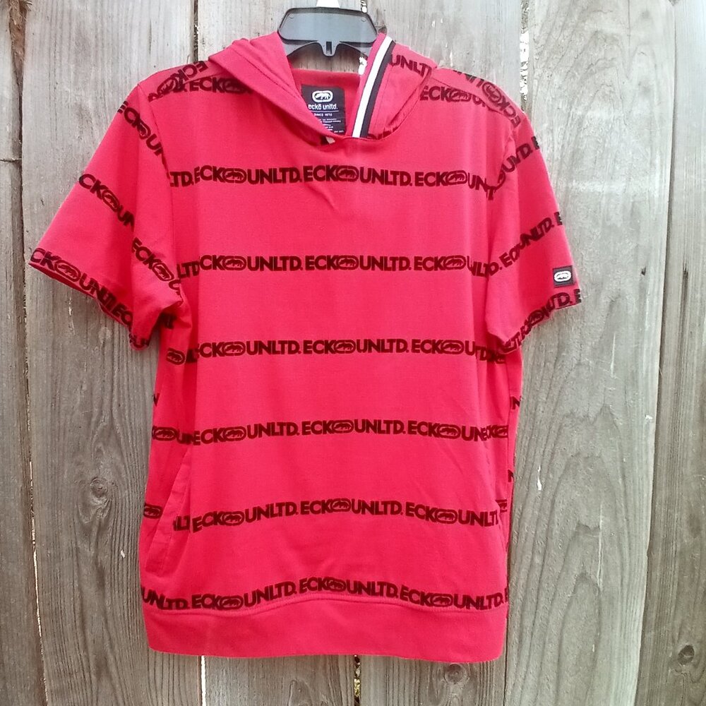 Y2k Ecko Unltd Short-Sleeve Hooded Shirt M Red with Black Logo Print Pullover